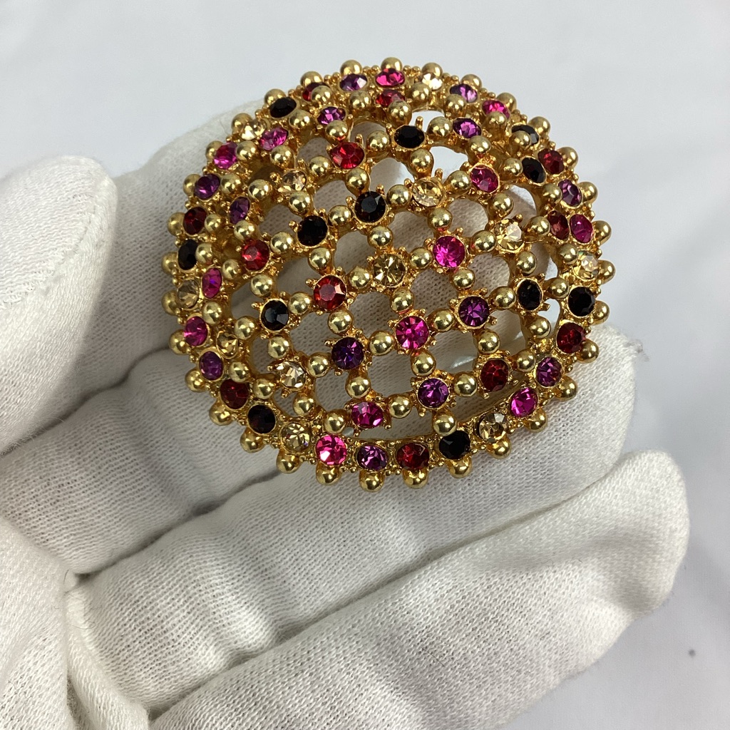 Vintage Dome Brooch Pin Pink Purple Rhinestone Gold Tone Metal 2 22$